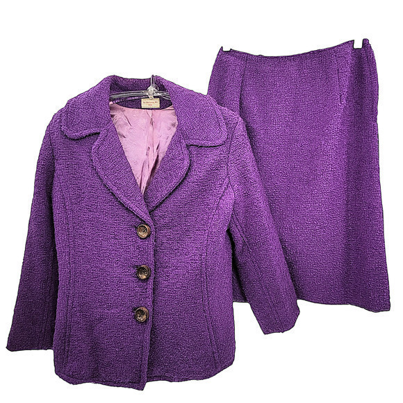 Clelia Jackets & Blazers - Vintage 70s Clelia Purple Boucle Wood Button Jacket Midi Straight Skirt Set Suit
